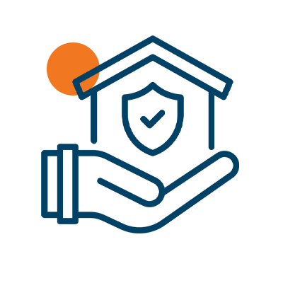 Hand holding house with shield icon.