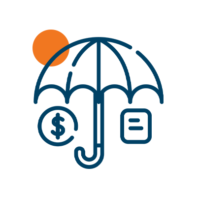 Umbrella with dollar sign and document icons.